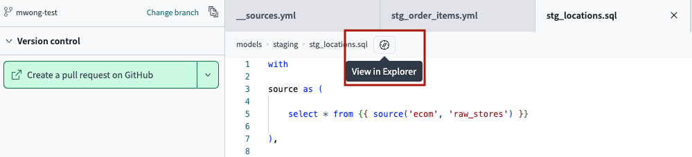 Access dbt Catalog from the IDE by clicking on the 'View in Explorer' icon next to the file breadcrumbs. 